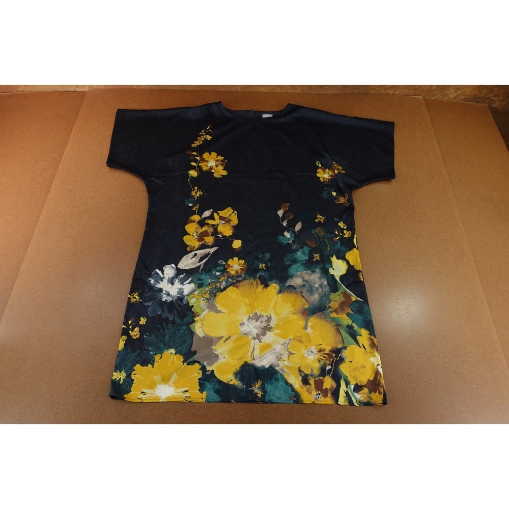 Chicos Womens Size 12/14 Navy Yellow Floral Print Satin Shift Dress New